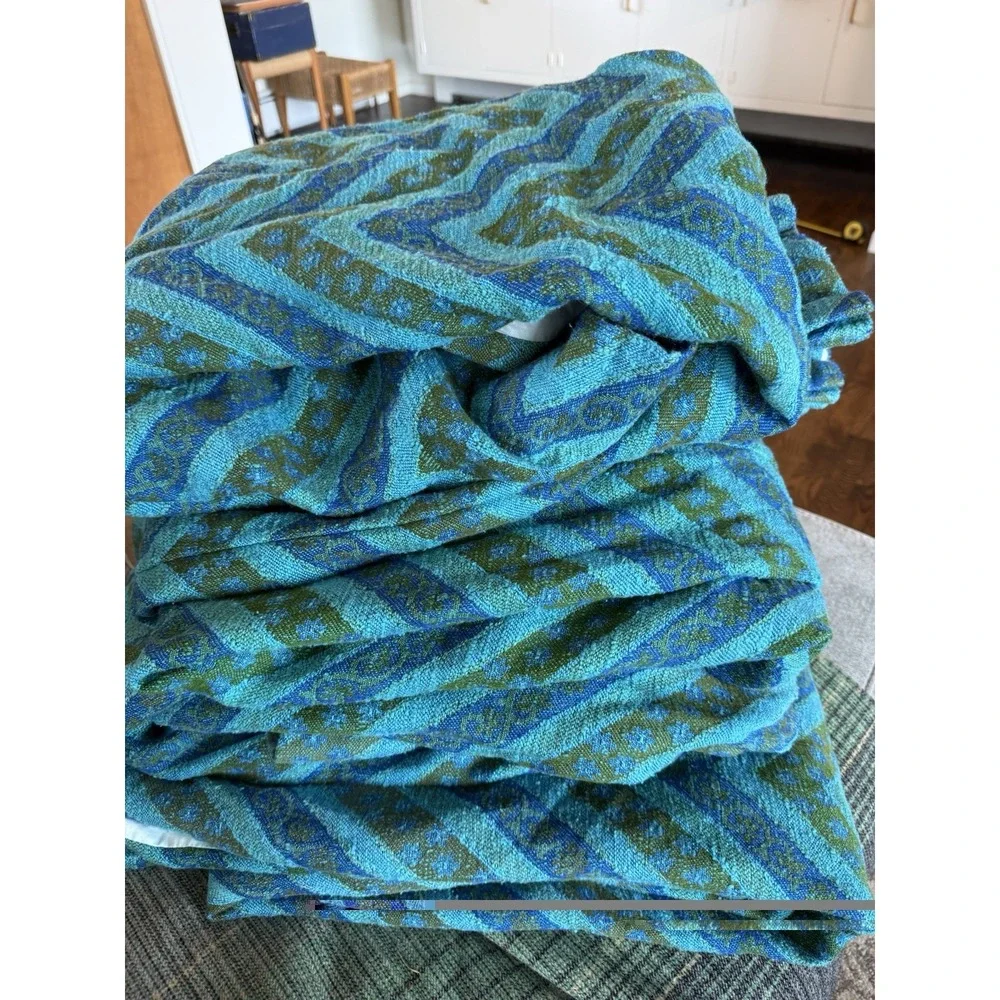 MCM European Linen Pinch Pleat Drapery Panel. 1 of 3. Turquoise/Olive Green